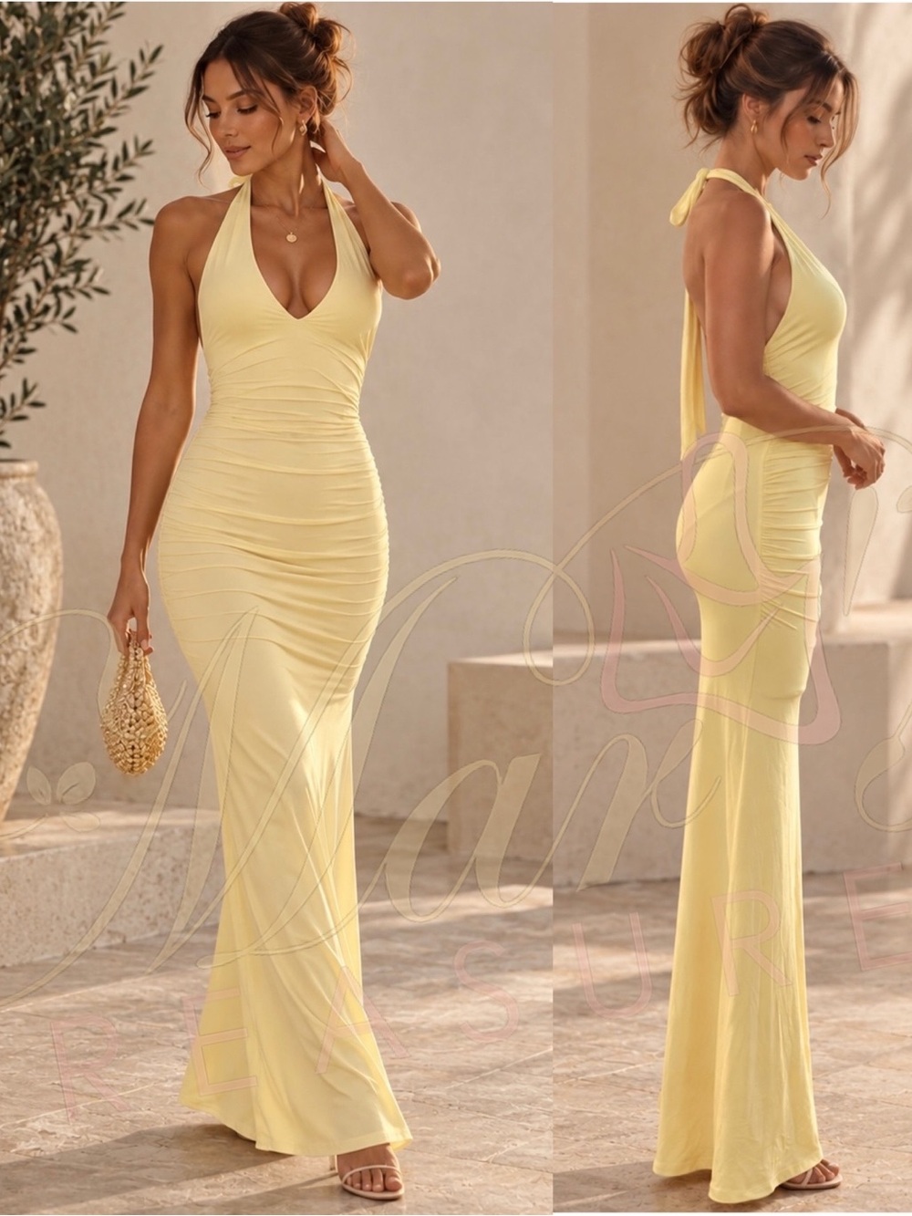 ZARA Butter Yellow Ruched Halter Open Back Maxi Dress Sz S